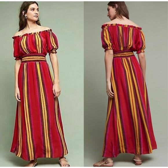 Anthropologie Anupamma Silk Maxi Dress Striped Off Shoulder Red Resortwear XS - Picture 1 of 9